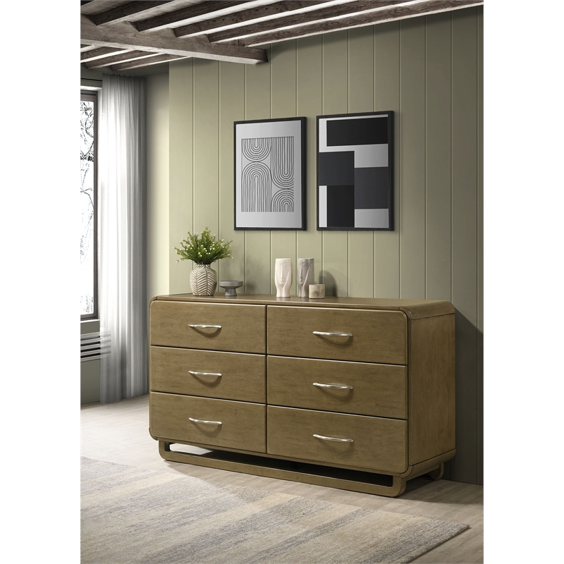 Pemberly Row Solid Rubberwood 6-drawer Dresser Cabinet in Nutmeg