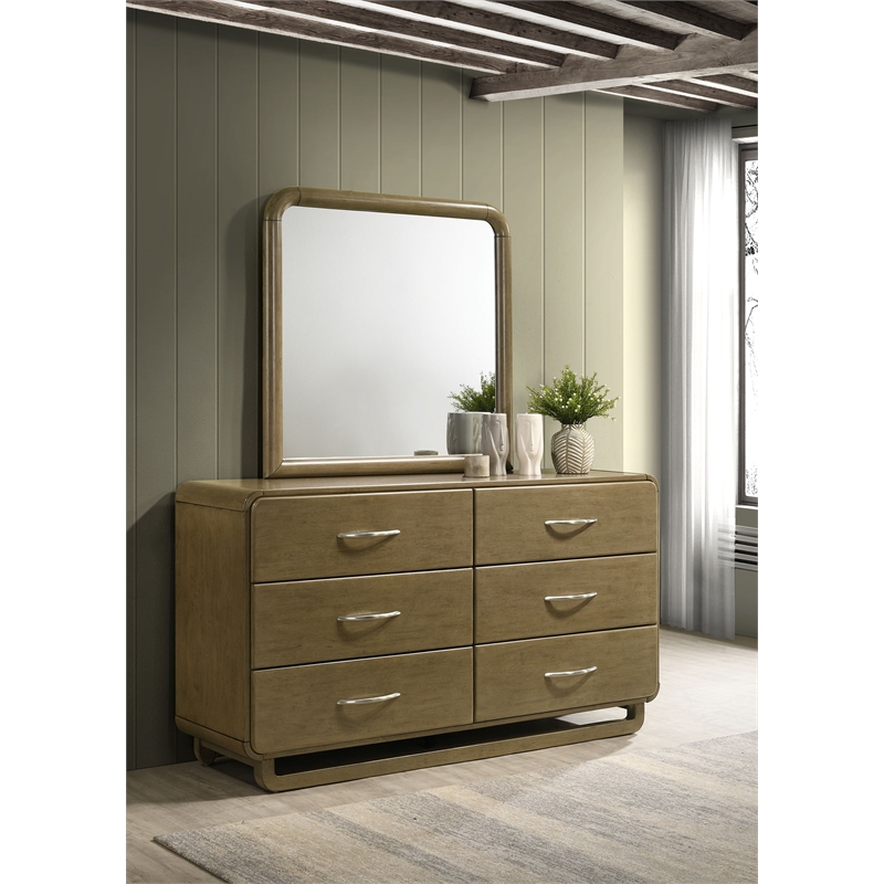 Pemberly Row Solid Rubberwood 6-drawer Dresser and Mirror in Nutmeg