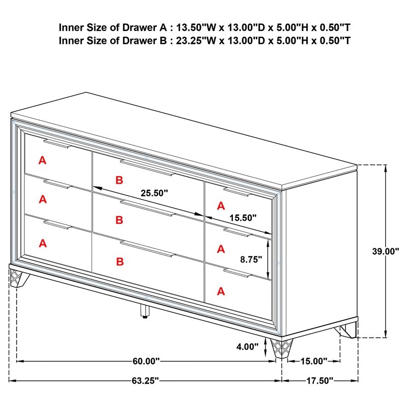 Pemberly Row 9-drawer Dresser Cabinet with Acrylic Legs in White