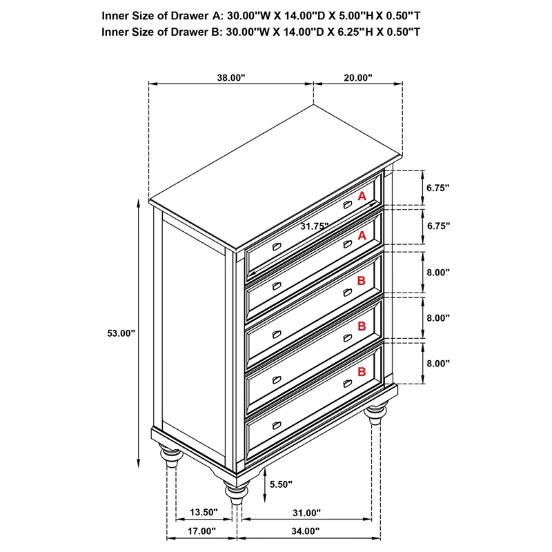 Pemberly Row 5-drawer Chest of Drawers with Dovetail Joinery in Dark Oak