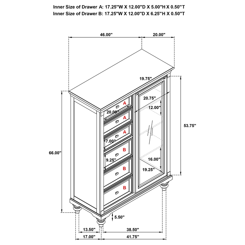 Pemberly Row 6-drawer 4-Tier Tempered Glass Door Chest in Dark Oak