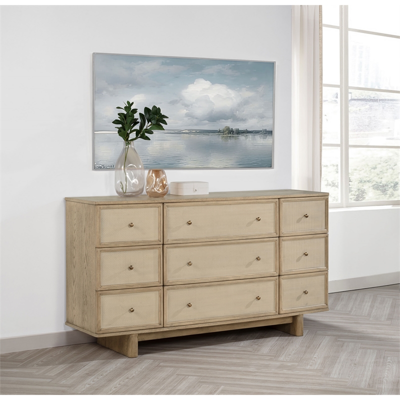 Pemberly Row 9-drawer Oak Veneer Dresser Cabinet in Beige Oak