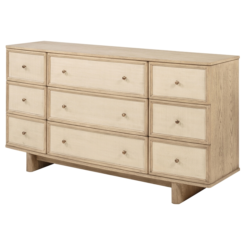 Pemberly Row 9-drawer Oak Veneer Dresser Cabinet in Beige Oak