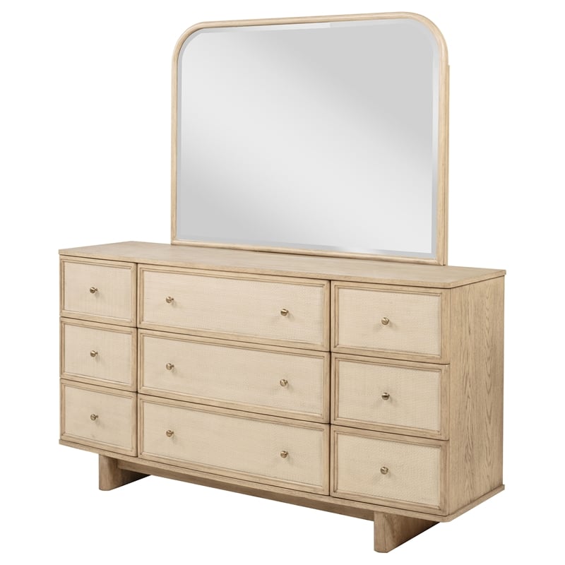 Pemberly Row 9-drawer Oak Veneer Dresser and Mirror Set in Beige Oak