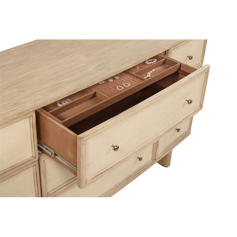 Pemberly Row 9-drawer Oak Veneer Dresser and Mirror Set in Beige Oak