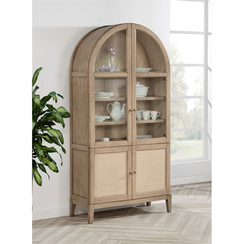 Pemberly Row 4-Door Cane Dining Vitrine Display Cabinet in Beige Oak