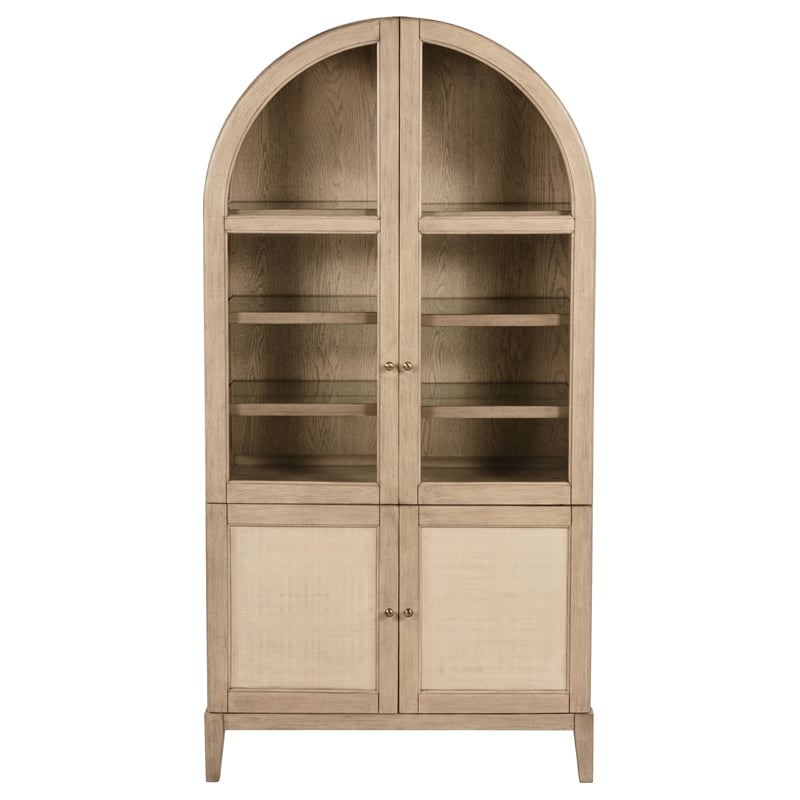 Pemberly Row 4-Door Cane Dining Vitrine Display Cabinet in Beige Oak