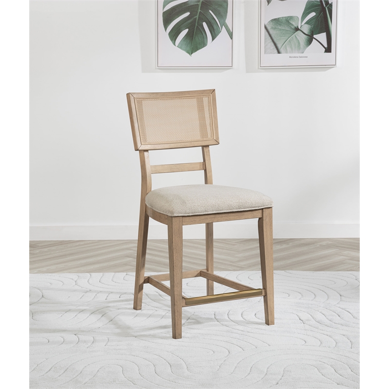 Pemberly Row Rattan Cane Counter Side Chair Set of 2 in Beige Oak