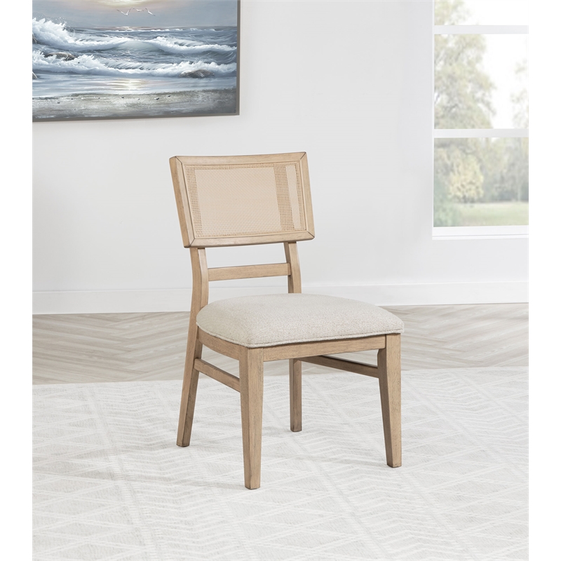 Pemberly Row Rattan Cane Wood Dining Side Chair Set of 2 in Beige Oak