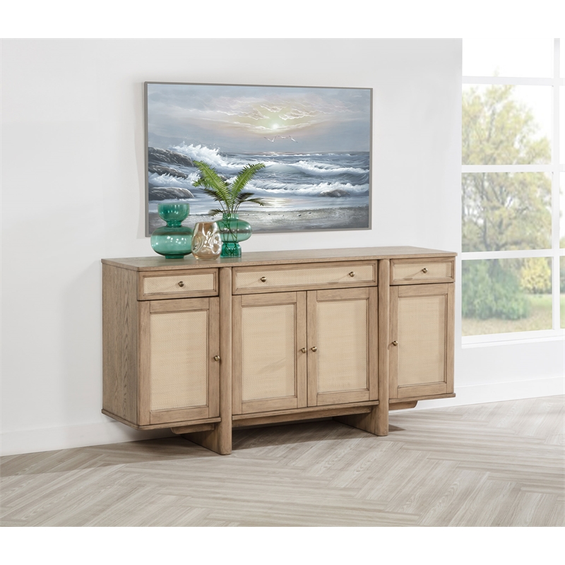 Pemberly Row 4-Door Cane Sideboard Buffet Cabinet in Beige Oak