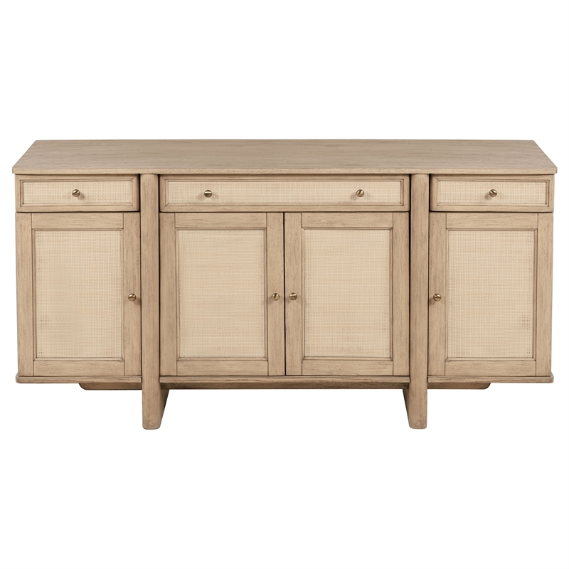 Pemberly Row 4-Door Cane Sideboard Buffet Cabinet in Beige Oak