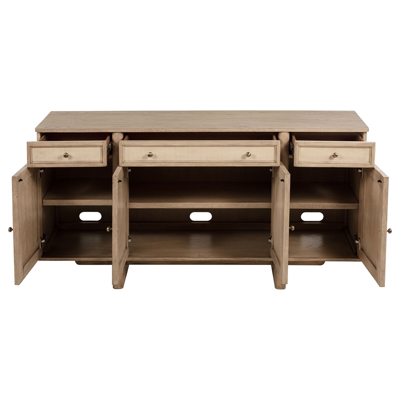 Pemberly Row 4-Door Cane Sideboard Buffet Cabinet in Beige Oak