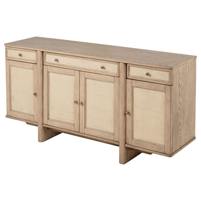 Pemberly Row 4-Door Cane Sideboard Buffet Cabinet in Beige Oak