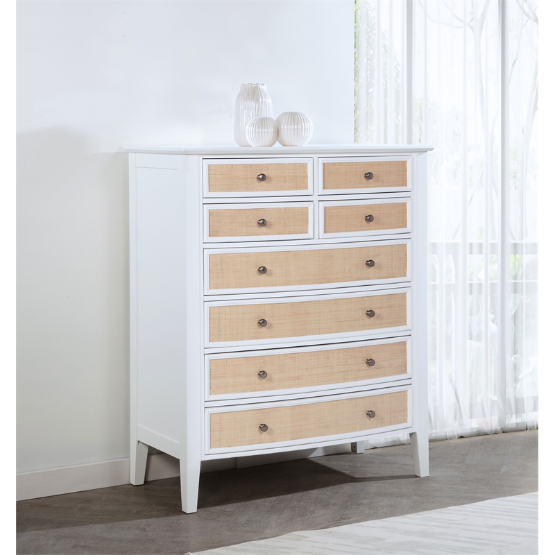 Pemberly Row 8-Drawer Wood and Rattan Chest of Drawers in White