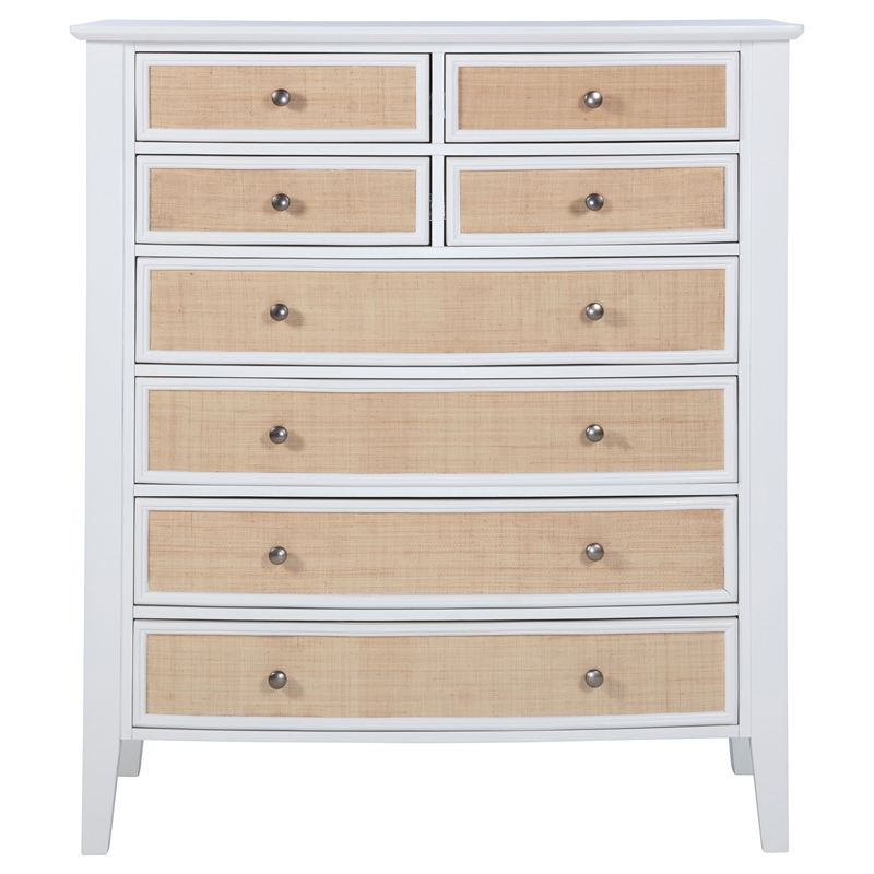 Pemberly Row 8-Drawer Wood and Rattan Chest of Drawers in White
