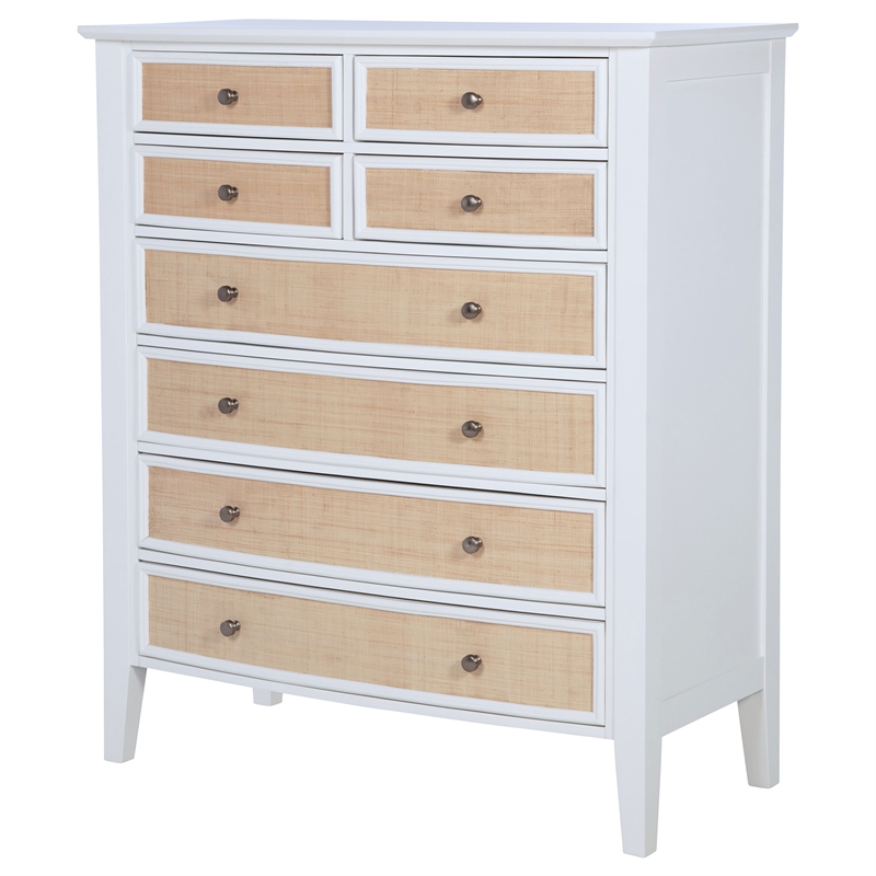 Pemberly Row 8-Drawer Wood and Rattan Chest of Drawers in White