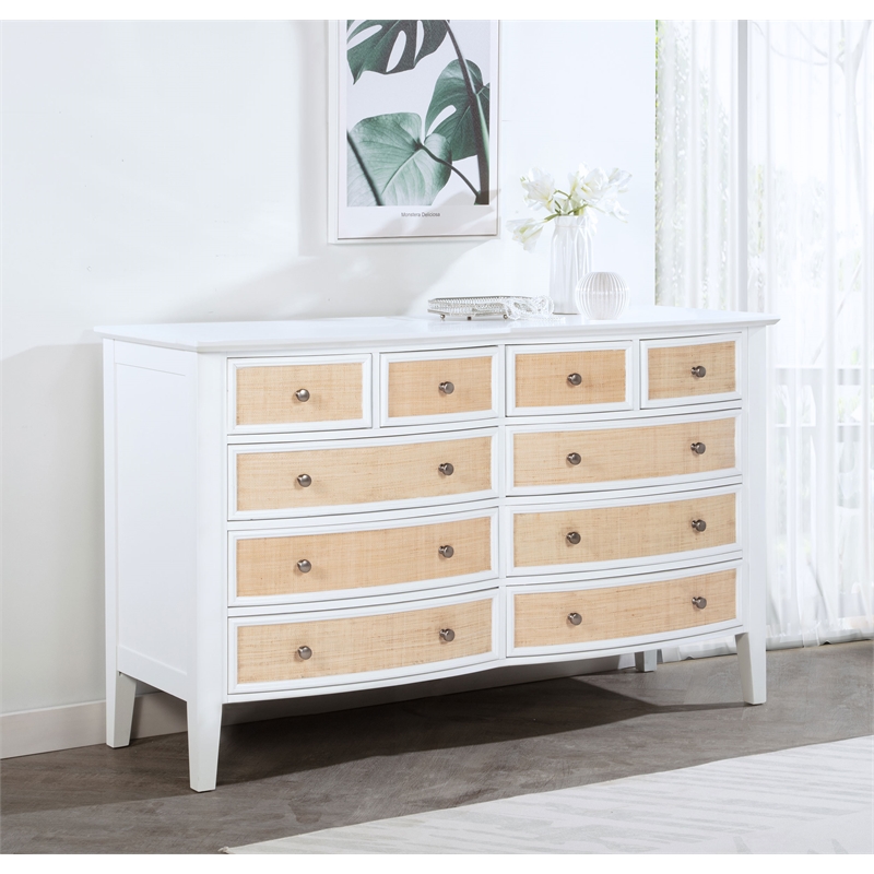 Pemberly Row 10-Drawer Wood and Rattan Dresser Cabinet in White