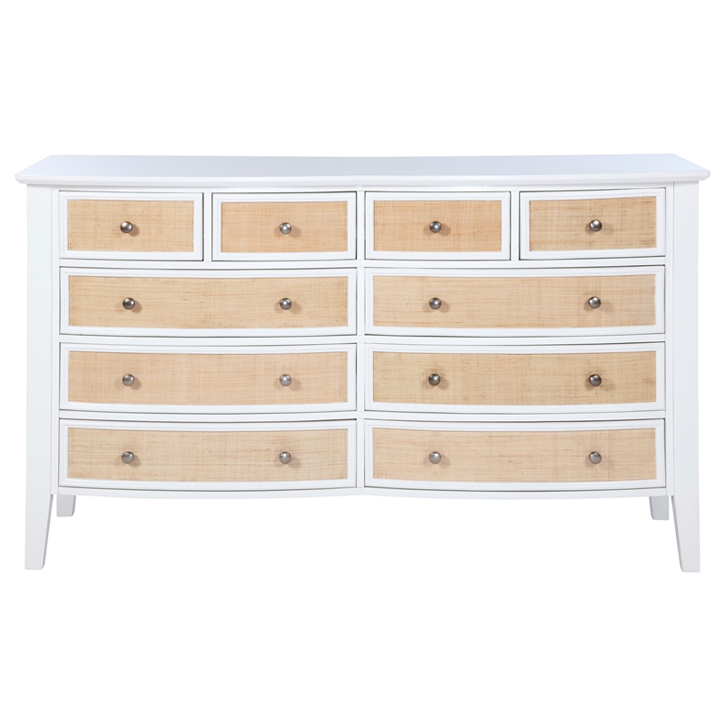 Pemberly Row 10-Drawer Wood and Rattan Dresser Cabinet in White