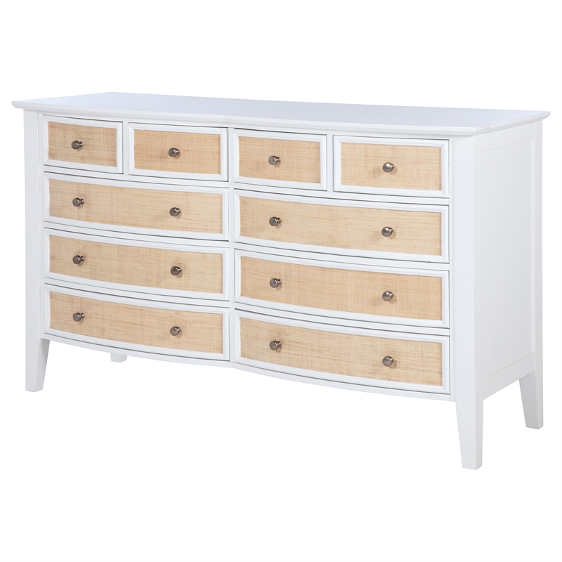 Pemberly Row 10-Drawer Wood and Rattan Dresser Cabinet in White