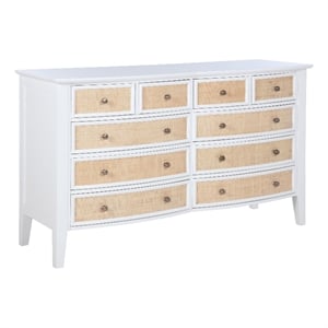 Pemberly Row 10-Drawer Wood and Rattan Dresser Cabinet in White