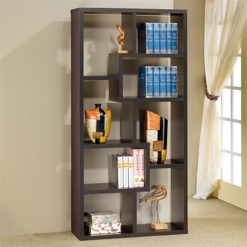 Pemberly Row 71-inch 6-shelf Geometric Wood Bookshelf in Cappuccino