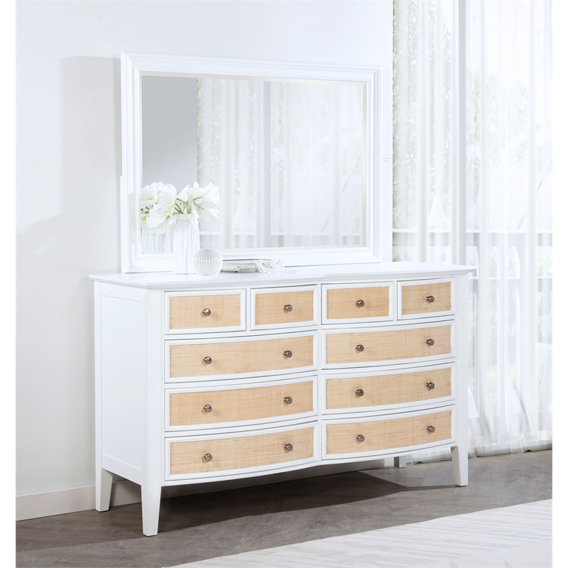 Pemberly Row 10-Drawer Rattan Dresser and Mirror Set in White