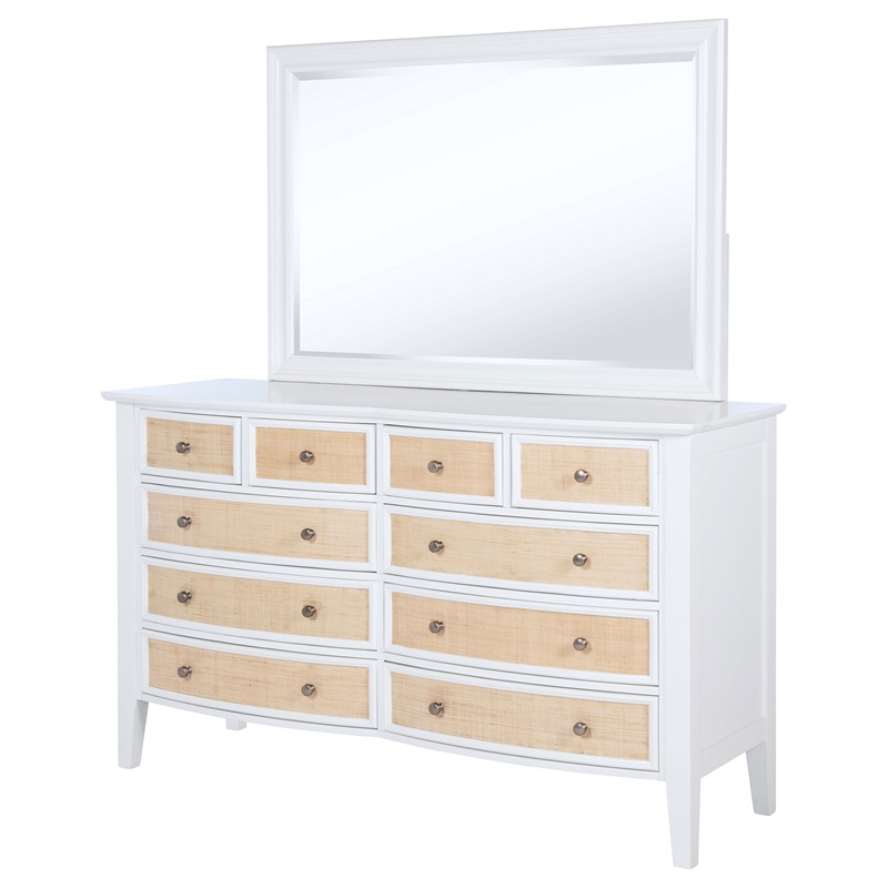 Pemberly Row 10-Drawer Rattan Dresser and Mirror Set in White