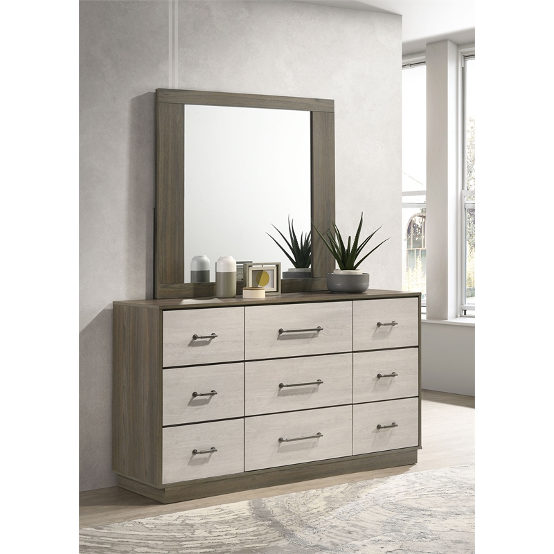 Pemberly Row 9-Drawer Two-Tone Dresser with Mirror in Grey Oak