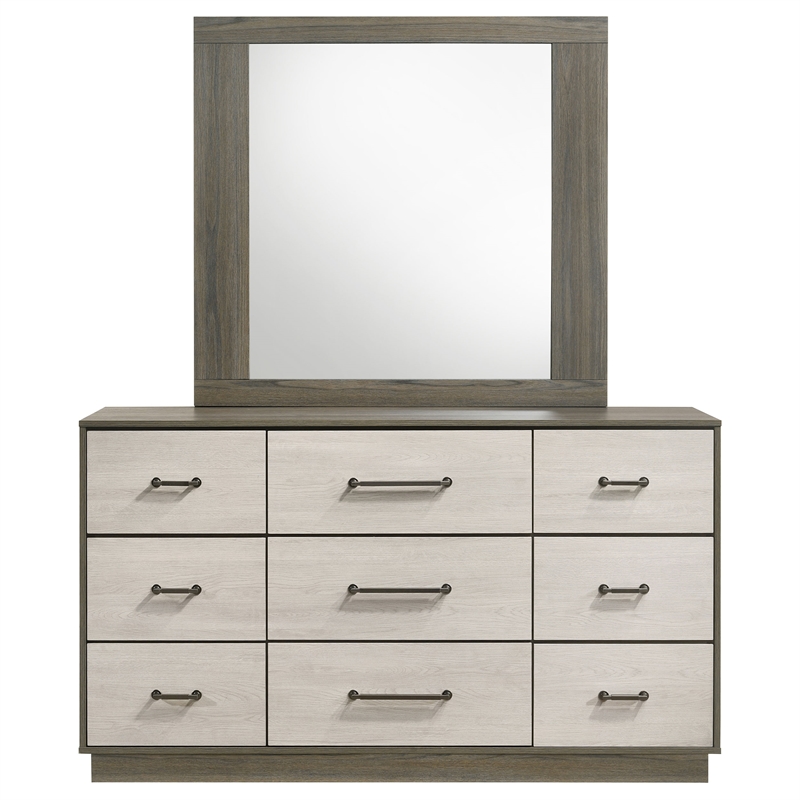 Pemberly Row 9-Drawer Two-Tone Dresser with Mirror in Grey Oak