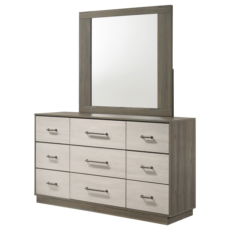 Pemberly Row 9-Drawer Two-Tone Dresser with Mirror in Grey Oak
