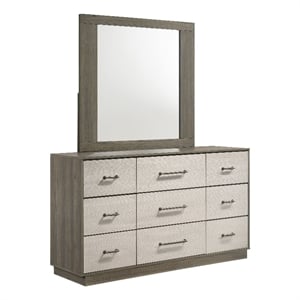 Pemberly Row 9-Drawer Two-Tone Dresser with Mirror in Grey Oak