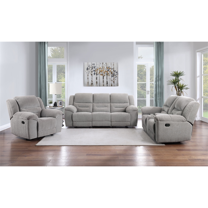 Pemberly Row 3-Piece Chenille Upholstered Reclining Sofa Set in Grey
