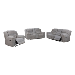 Pemberly Row 3-Piece Chenille Upholstered Reclining Sofa Set in Grey
