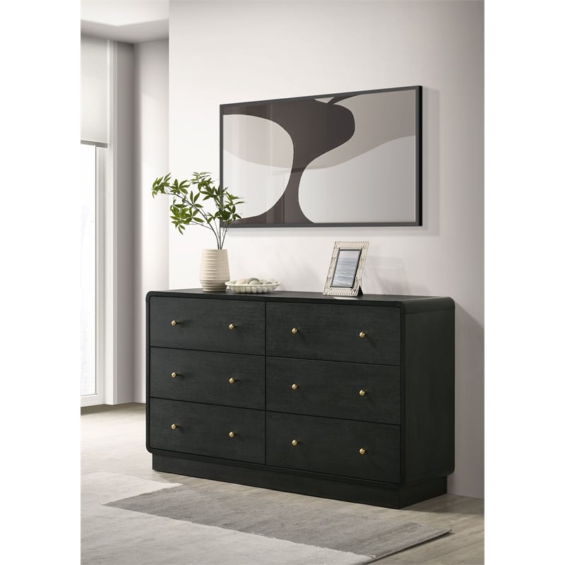 Pemberly Row 6-Drawer Dresser Cabinet with Brass Knobs in Black