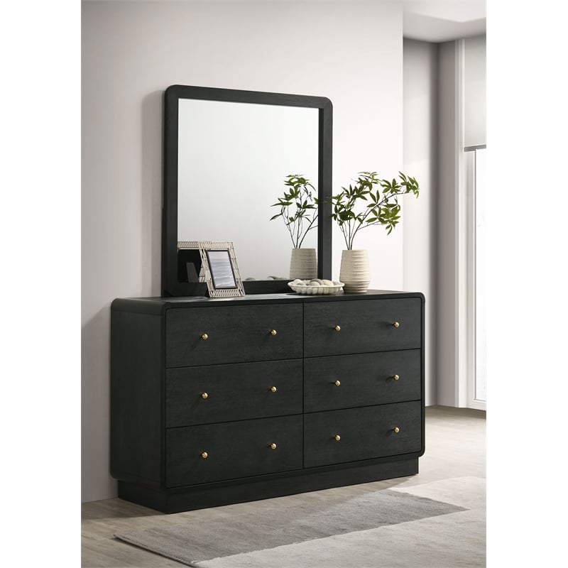 Pemberly Row 6-Drawer Dresser and Mirror with Brass Knobs in Black