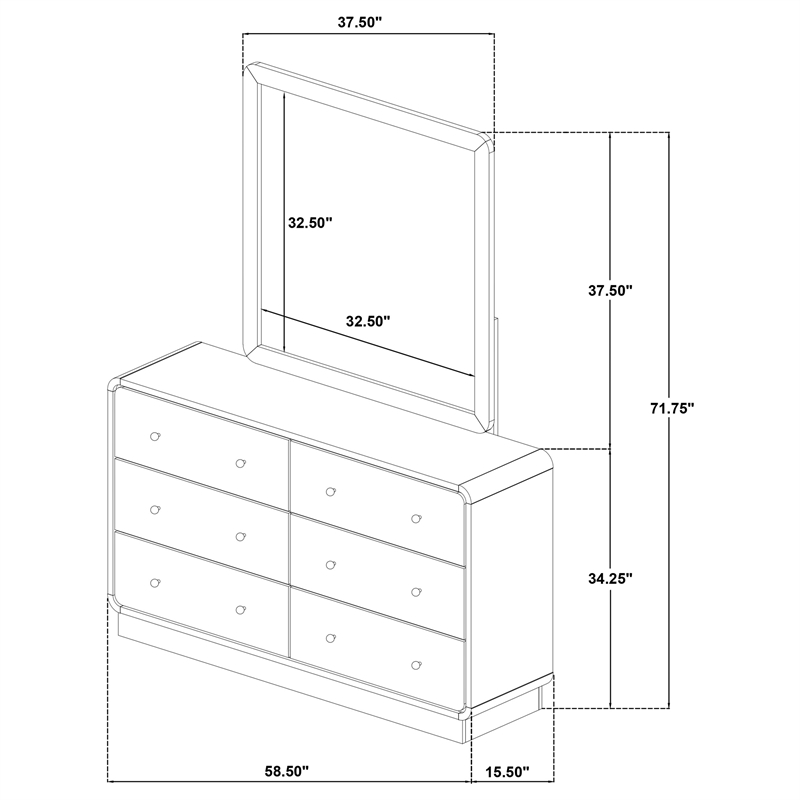 Pemberly Row 6-Drawer Dresser and Mirror with Brass Knobs in Black