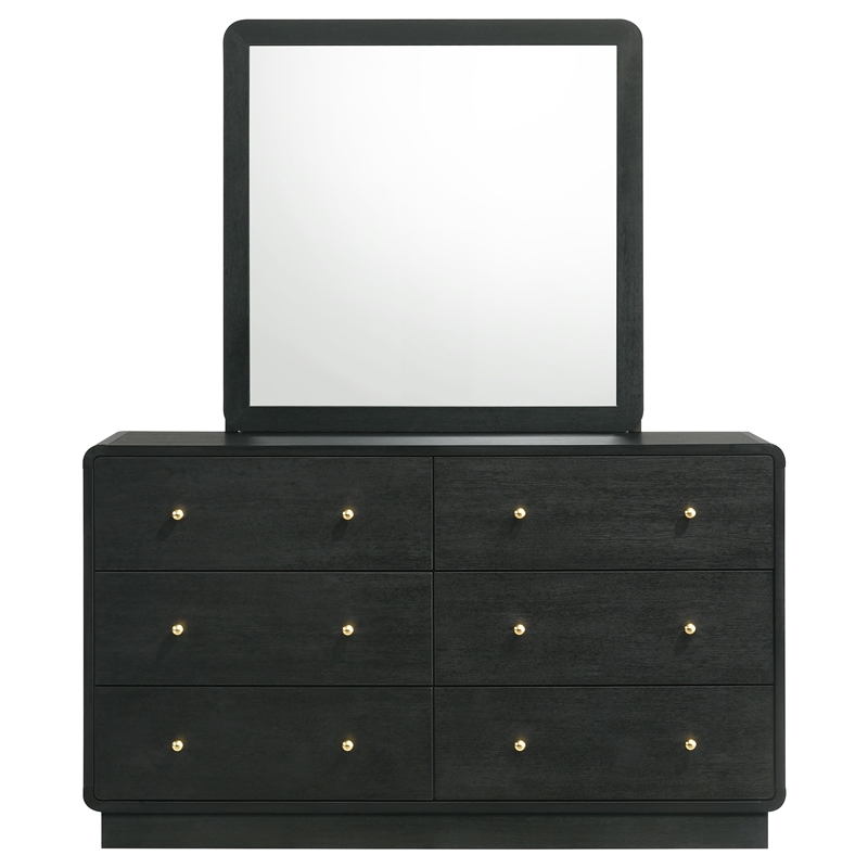 Pemberly Row 6-Drawer Dresser and Mirror with Brass Knobs in Black