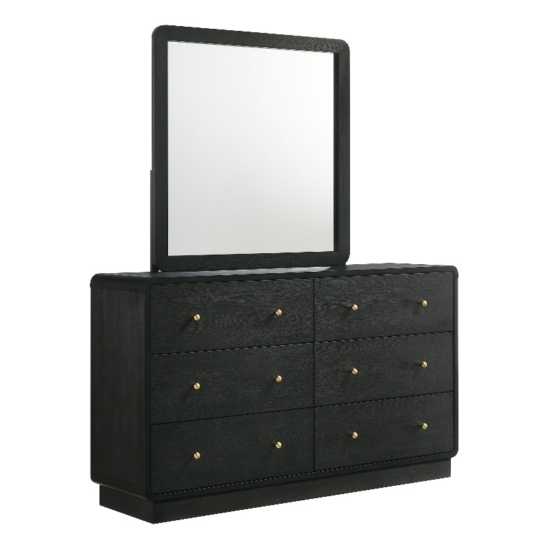 Pemberly Row 6-Drawer Dresser and Mirror with Brass Knobs in Black