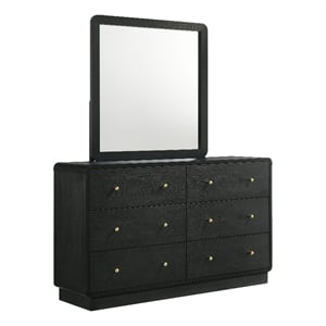 Pemberly Row 6-Drawer Dresser and Mirror with Brass Knobs in Black