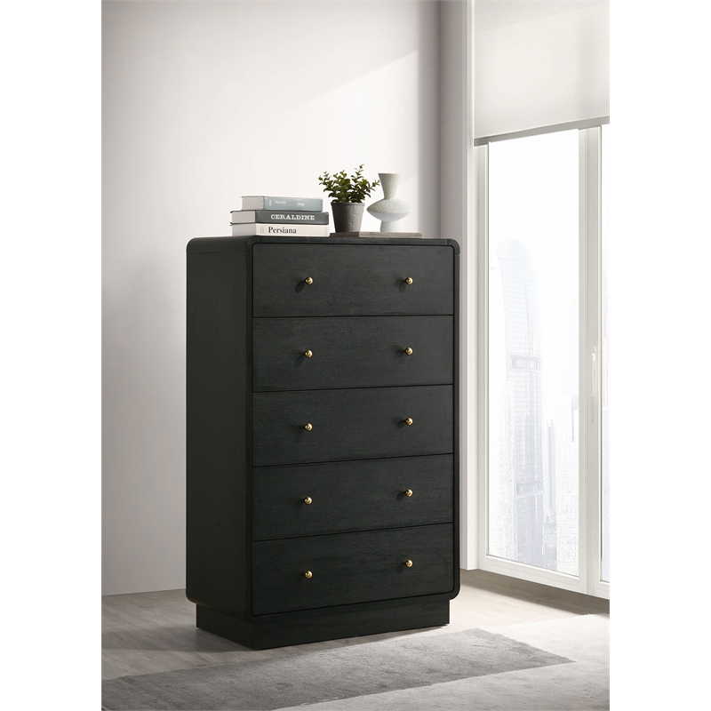 Pemberly Row 5-Drawer Chest of Drawers with Brass Knobs in Black
