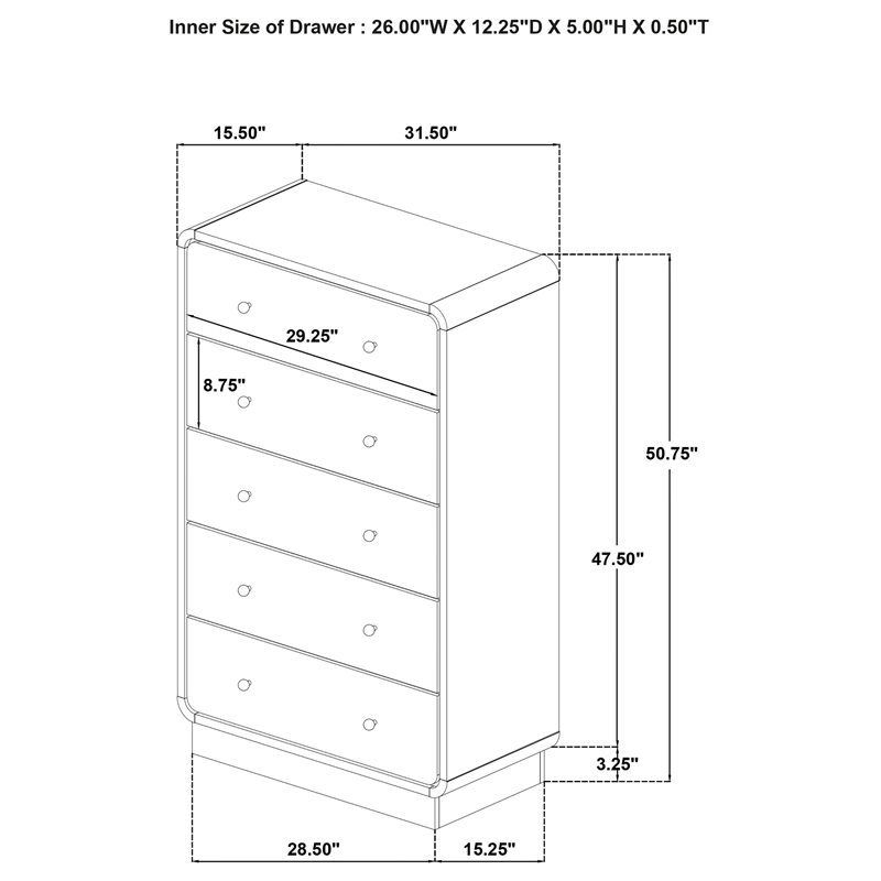 Pemberly Row 5-Drawer Chest of Drawers with Brass Knobs in Black