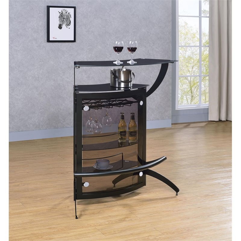 Pemberly Row 2-shelf Curved Freestanding Home Bar Cabinet in Black