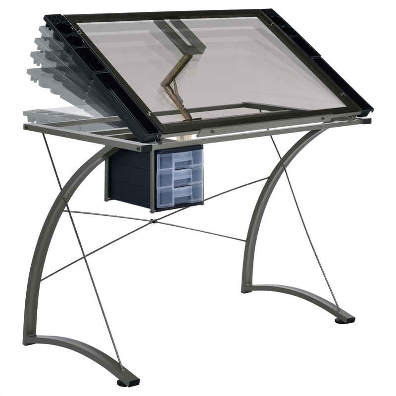 Pemberly Row 41-inch Glass Top Drafting Table with Storage in Silver