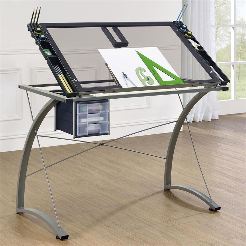 Pemberly Row 41-inch Glass Top Drafting Table with Storage in Silver