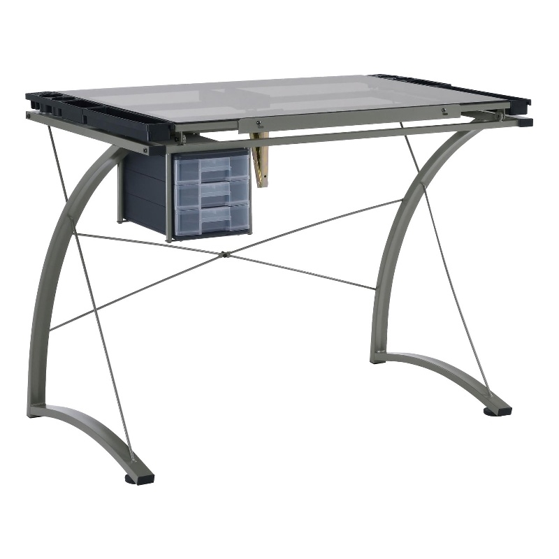 Pemberly Row 41-inch Glass Top Drafting Table with Storage in Silver