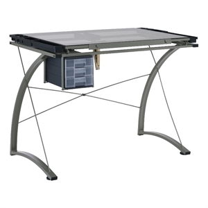 Pemberly Row 41-inch Glass Top Drafting Table with Storage in Silver