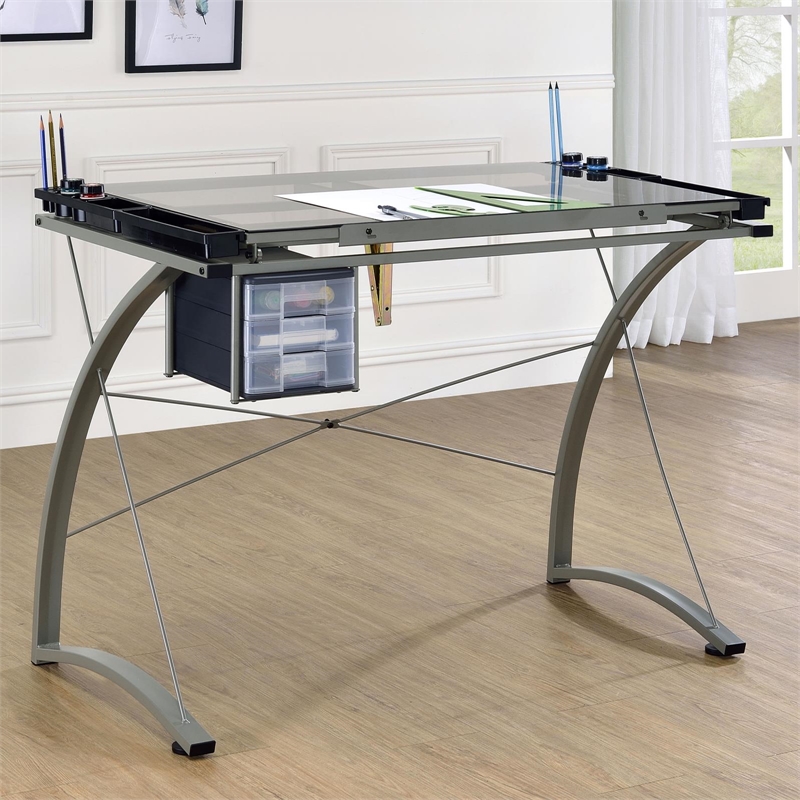 Pemberly Row 41-inch Glass Top Drafting Table with Storage in Silver