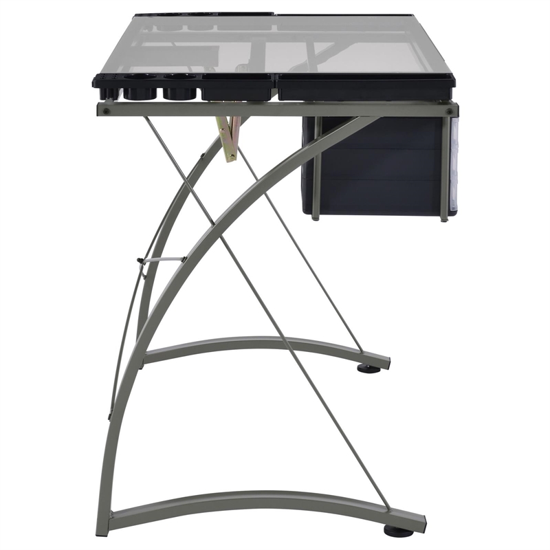 Pemberly Row 41-inch Glass Top Drafting Table with Storage in Silver