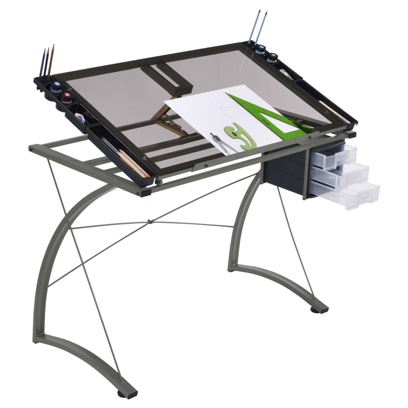Pemberly Row 41-inch Glass Top Drafting Table with Storage in Silver