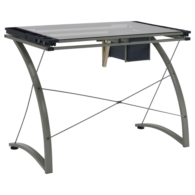 Pemberly Row 41-inch Glass Top Drafting Table with Storage in Silver